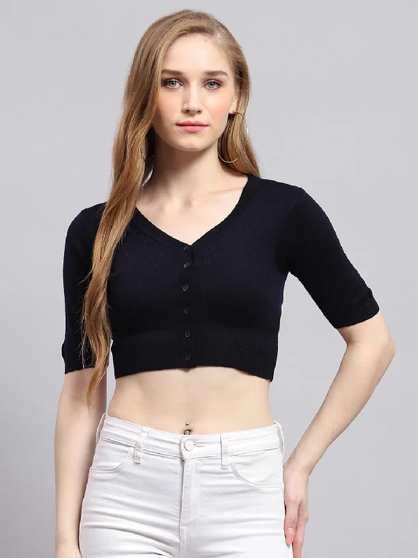 Women Navy Blue Solid V Neck Half Sleeve Blouse