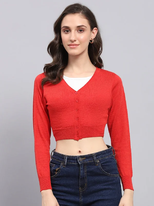 Women Red Solid V Neck Full Sleeve Blouse