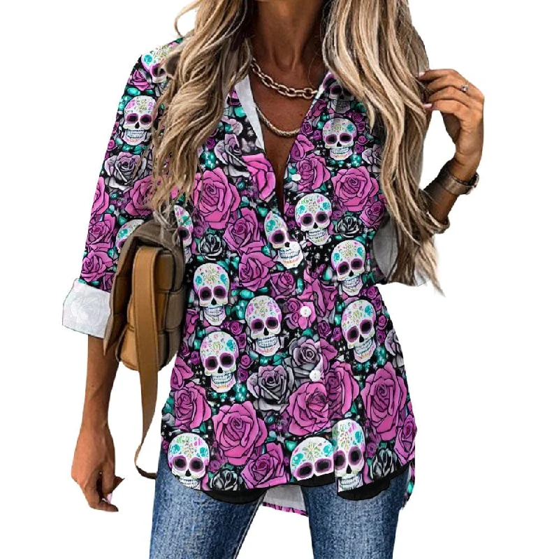 Women's Pink Floral Skull Irregular Hem Blouse