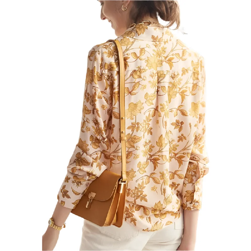 Women's Silk Elegant Floral Printed Pattern Turn-down Collar Long Sleeve Blouse