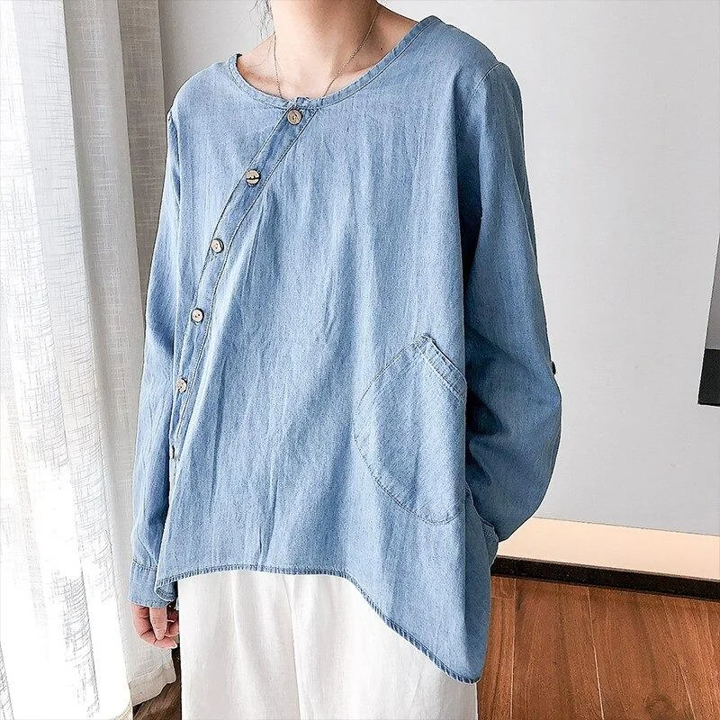 Women's Slant Oblique Button Irregular Roll Up Sleeve Washed Blue Blouse