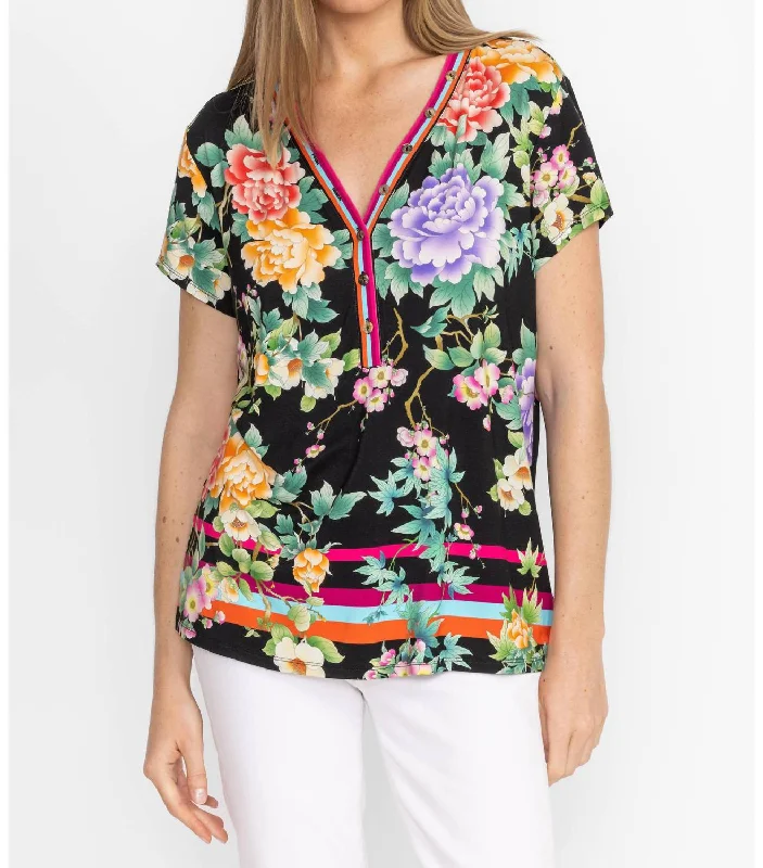 Le Jardin Janie Fav Button Neck Tee In Multi