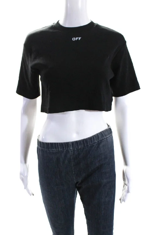 Off White Women's Round Neck Short Sleeves Cropped Top T-Shirt Black