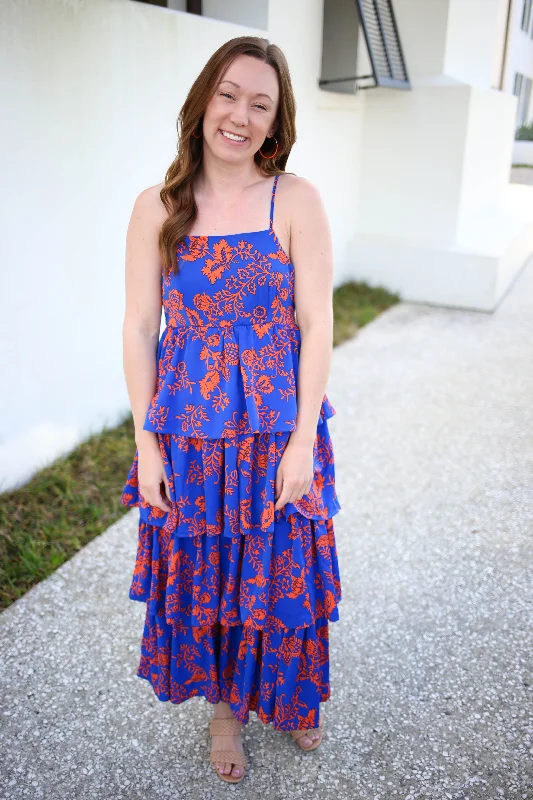 Blue and Orange Tiered Ruffle Maxi Dress | Boutique Elise | Sadie