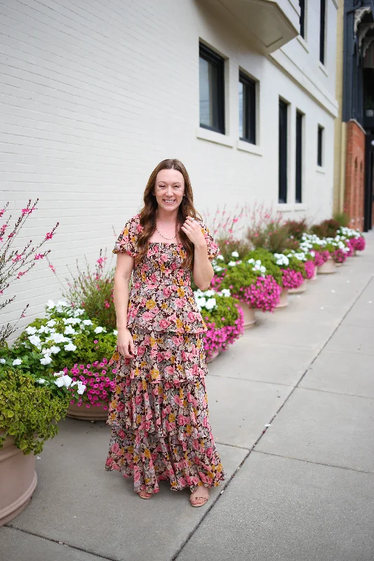 Brown Floral Print Tiered Ruffle Maxi Dress | Boutique Elise | Josie