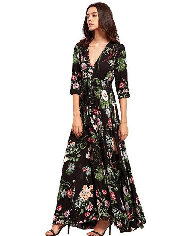 Button Floral Beach Bohemian Maxi Dresses