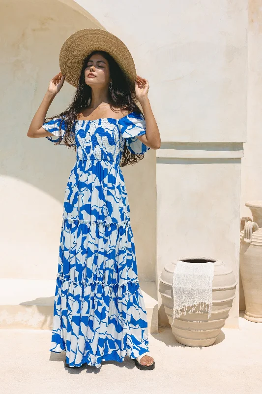 Calypso Blue Abstract Tiered Maxi Dress