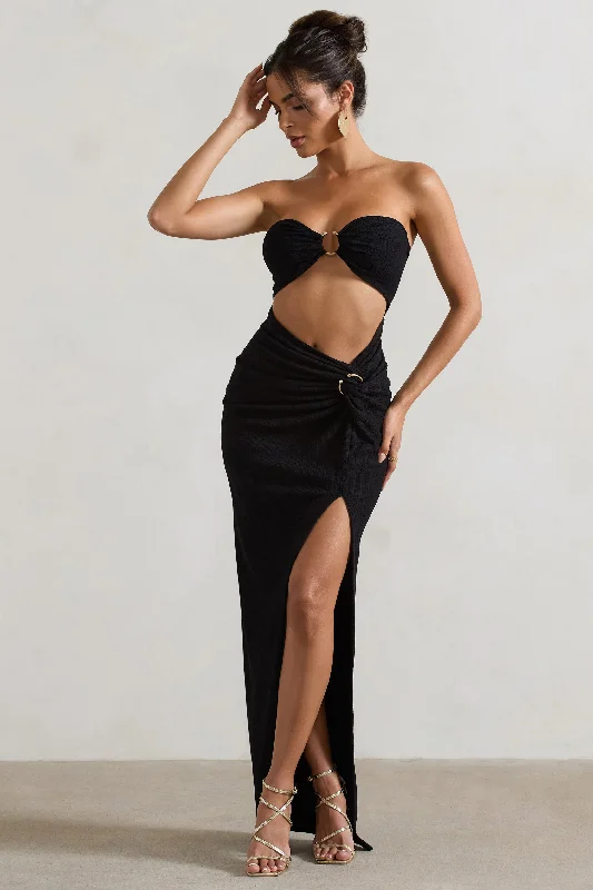 Cancun | Black Crinkle Strapless Cut-Out Maxi Dress With Twist Comfortable Flowy Maxi Dress Cancun | Black Crinkle Strapless Cut-Out Maxi Dress With Twist Comfortable Flowy Maxi Dress