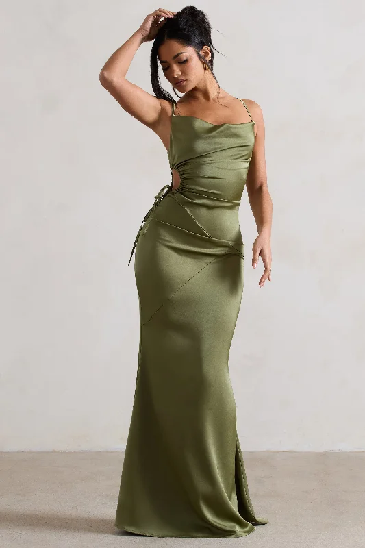 Carter | Olive Green Satin Cowl-Neck Maxi Dress With Cut-Out