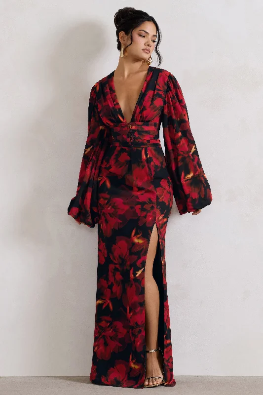 Casarile | Red Floral Print V-Neck Balloon Sleeve Maxi Dress