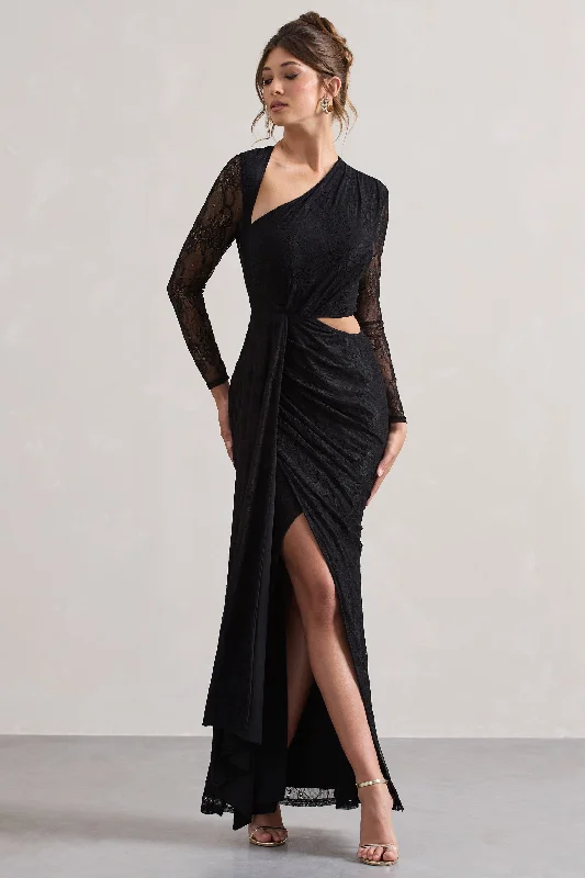 Chantilly | Black Lace Asymmetric Cut-Out Draped Maxi Dress