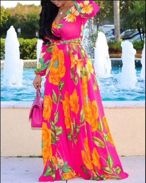 Deep V Tropical Print Belt Warp Maxi Dress