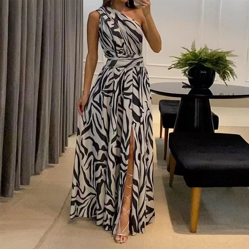 Women Maxi Dress Summer Fashion One Shoulder Sleeveless Slit Backless Nipped Waist Long Skirt Party Evening Dresses