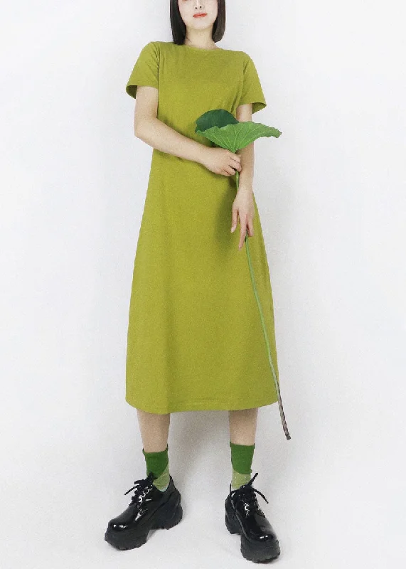 French Green O-Neck Oversized Solid Color Cotton Maxi Dress Half Sleeve