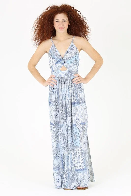 KEYHOLE MAXI DRESS - BLUE-WHITE