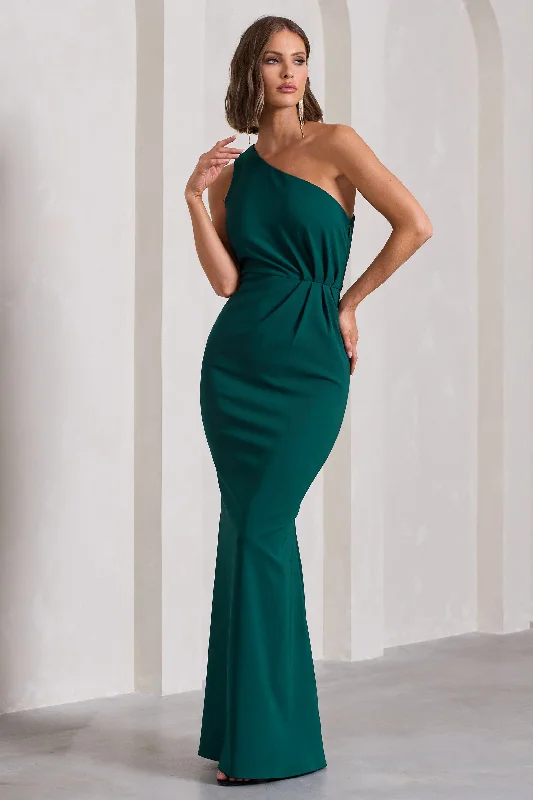 Michelle | Bottle Green One-Shoulder Gathered Maxi Dress Cozy Ruffle Sleeve Maxi Dress Michelle | Bottle Green One-Shoulder Gathered Maxi Dress Cozy Ruffle Sleeve Maxi Dress