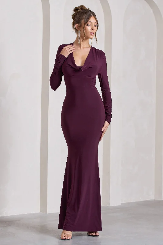 My Attention | Plum Plunge Cowl-Neck Long-Sleeve Maxi Dress