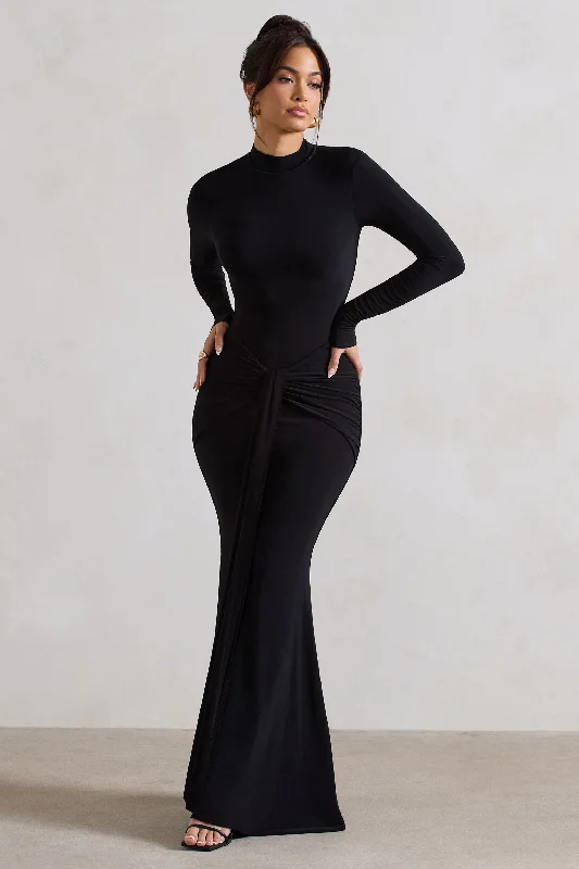 Pietra | Black High-Neck Long Sleeve Knot Maxi Dress