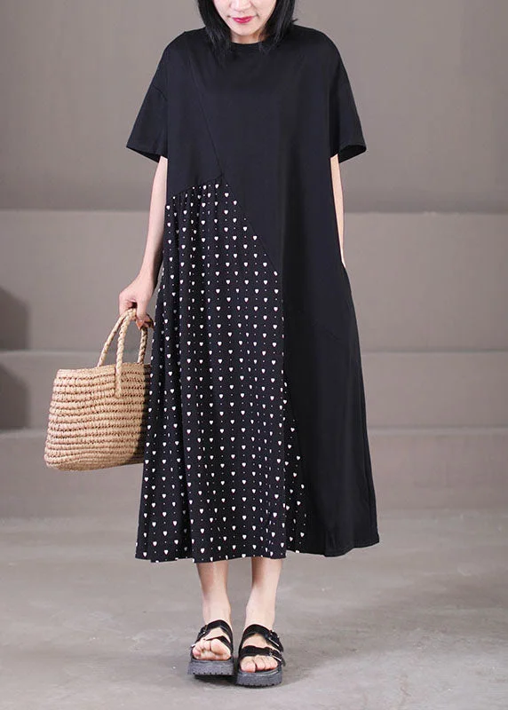 Plus Size Black Asymmetrical Patchwork Wrinkled Print Cotton Maxi Dress Short Sleeve Stylish Pleated A-Line Maxi Dress Plus Size Black Asymmetrical Patchwork Wrinkled Print Cotton Maxi Dress Short Sleeve Stylish Pleated A-Line Maxi Dress