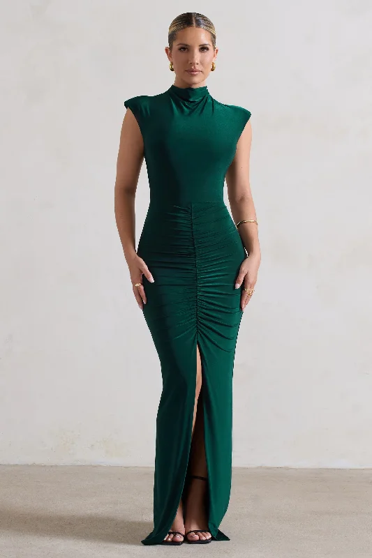 Samira | Bottle Green Ruched High-Neck Split Maxi Dress