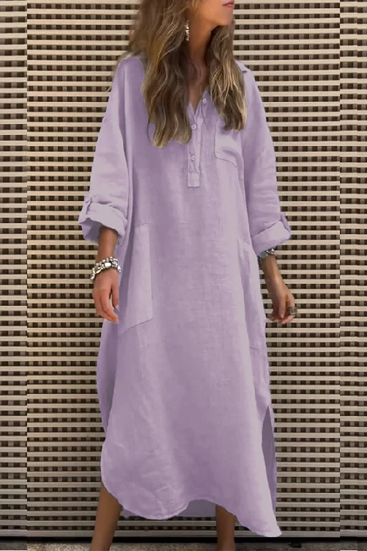 Solid Color Casual Button Pockets Irregular Hem Maxi Dress