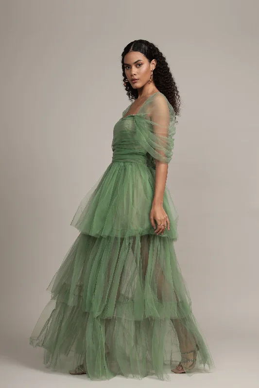 Sydney Off Shoulder Tulle Maxi Dress in Dark Sage