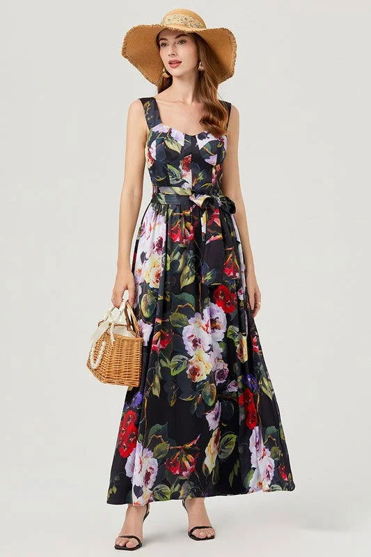 Women Black Floral Fashion Long Maxi Dress