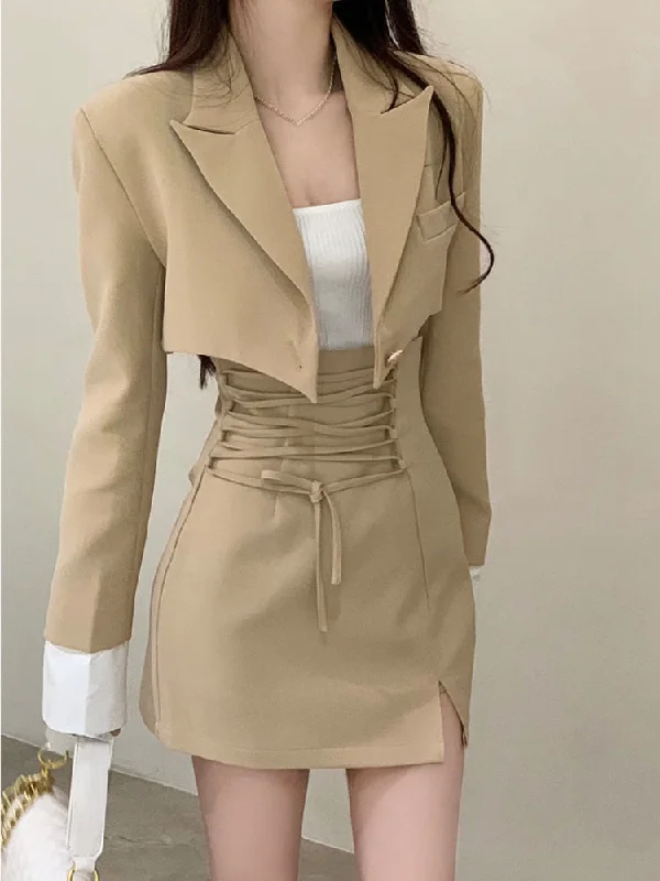 Getadme-2 Piece Dress Set Women Casual Y2k Crop Tops Elegant Jacket Coats + Mini Skirts Korean Fashion Suits Autumn Blazers Dress