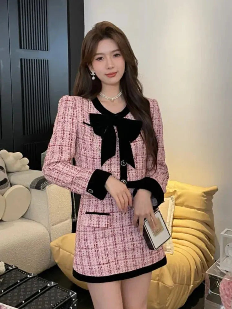 Getadme-Autumn winter Small Fragrance Tweed Two Piece Set Women Short Jacket Coat + Skirt Suits Korean 2 Piece Sets Women Outfit