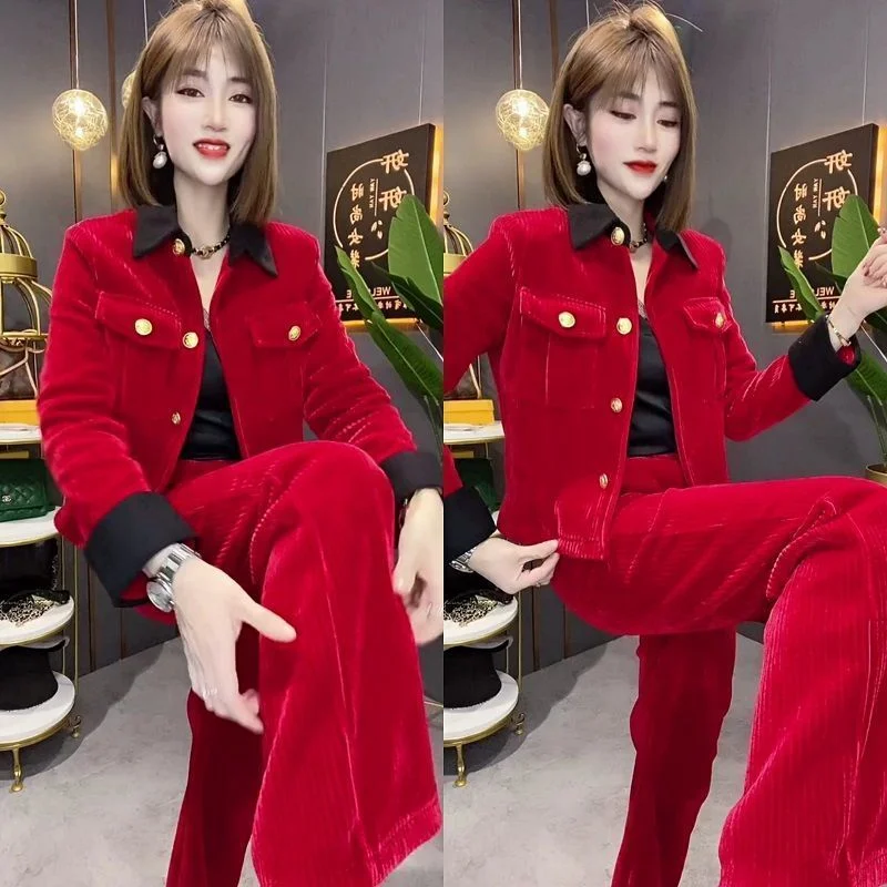 Getadme-Spring Autumn New Women Striped Corduroy Sets Long Sleeve Single Breasted Short jacket Coat And Straight Pants 2PCS Outfit