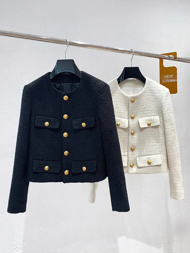 Getadme-Autumn Winter Small Fragrant Tweed Jacket Coat Women Vintage Woolen Short Coats Streetwear Elegant Casual Slim Outwear Crop Top