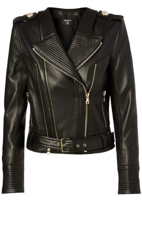 Black Buckle Belt Leather Jacket