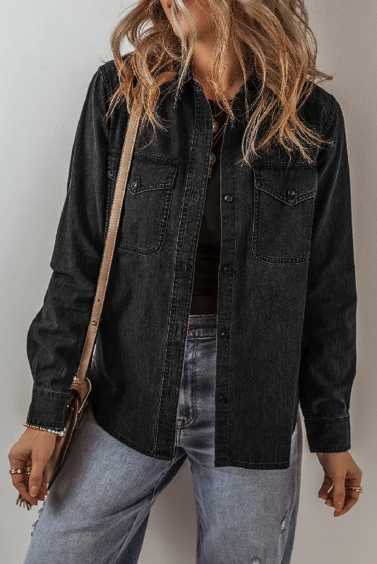 Black Flap Pocket Buttons Collared Jean Jacket Collared Jacket Crew Neck Jacket Turtle Neck Jacket Black Flap Pocket Buttons Collared Jean Jacket Collared Jacket Crew Neck Jacket Turtle Neck Jacket