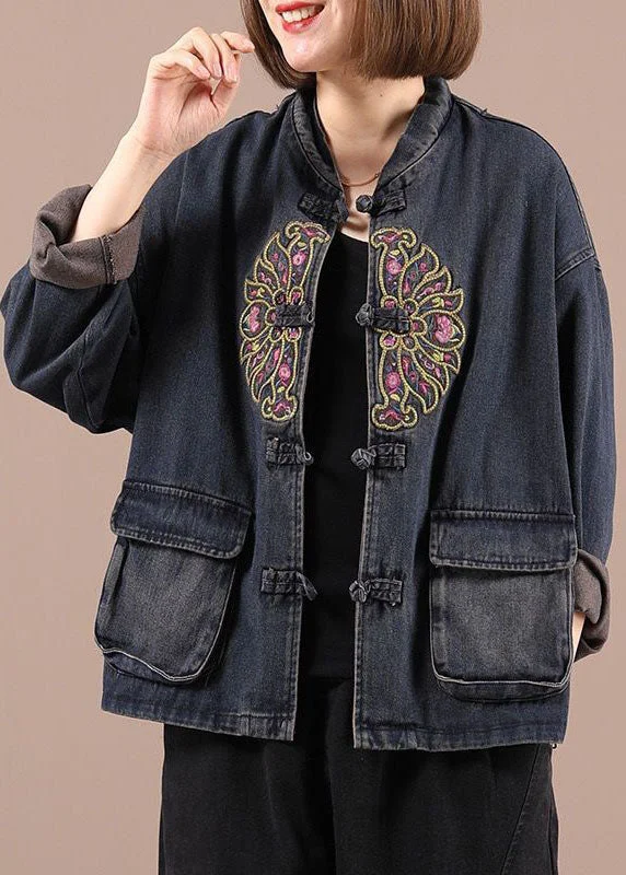 Boho Black Button Embroidered Pockets Fall Denim Jackets