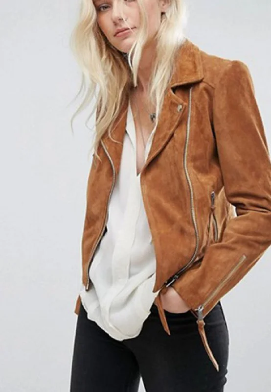 Women’s Tan Brown Suede Leather Biker Jacket