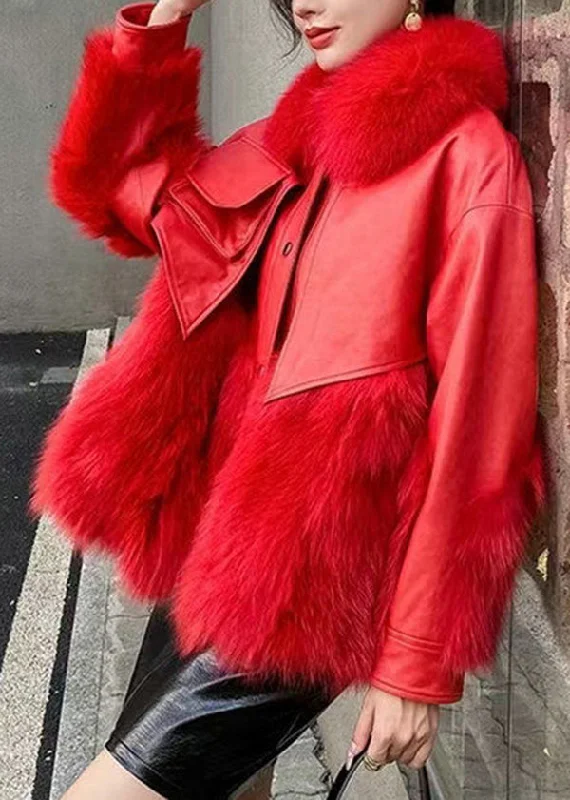 Classy Red Fur Collar Patchwork Faux Fur Jackets Winter