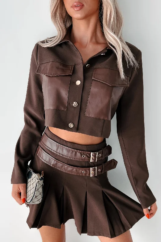 Different Type Of Girl Crop Jacket & Skirt Set (Chocolate)