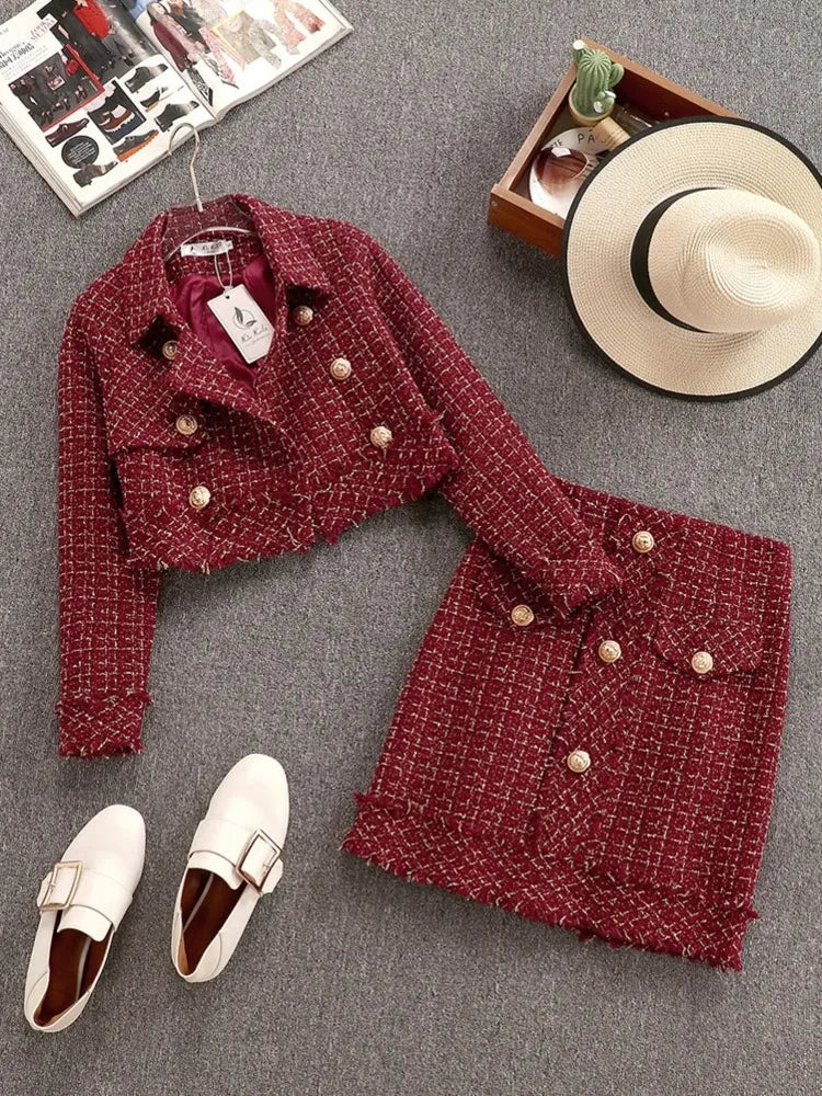 Getadme-Fall Winter Small Fragrance Vintage Tweed Two Piece Set Women Single-Breasted Woolen Short Jacket Coat + Mini Skirt 2 Piece Set