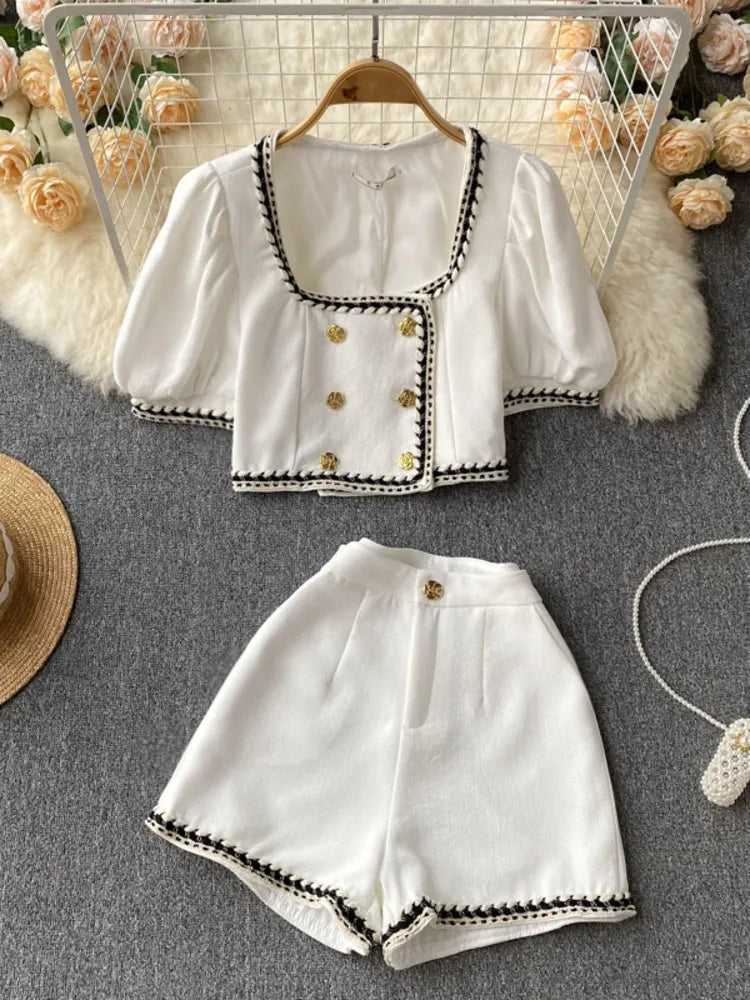 Getadme-French Streetwear Small Fragrance Pants Suits Women Short Jacket Coat Crop Top & High Waist Shorts Sets Summer Two Piece Set