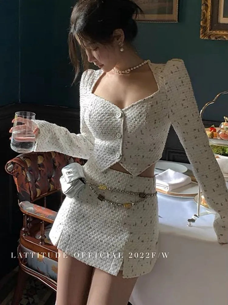 High Quality Small Fragrance Tweed 2 Piece Set Women Jacket Coat Crop Top + Skirt Sets French Luxury Elegant Two Piece Suits