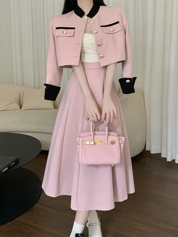 Getadme High Quality Small Fragrance Two Piece Set Women Short Jacket Coat + Long Skirt Suits Korean Elegant Fashion OL 2 Piece Sets Welt Pockets Slit Pockets Flap Pockets Getadme High Quality Small Fragrance Two Piece Set Women Short Jacket Coat + Long Skirt Suits Korean Elegant Fashion OL 2 Piece Sets Welt Pockets Slit Pockets Flap Pockets