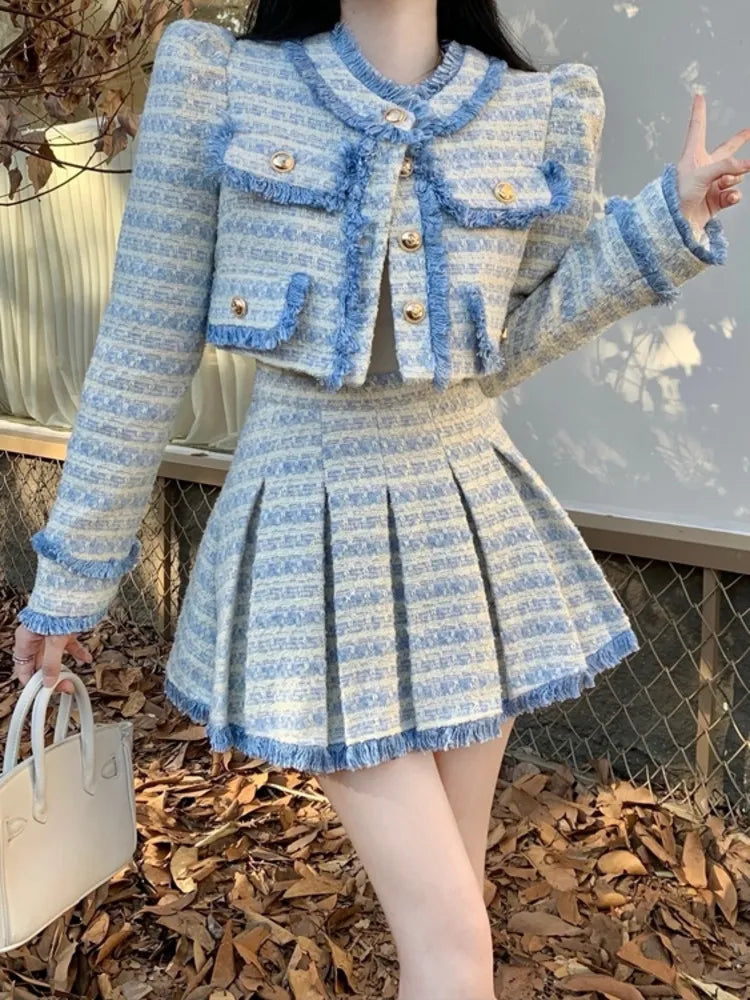 Getadme High Quality Tassel Small Fragrance Tweed 2 Piece Set Women Short Jacket Coat + Skirt Sets Korean Fashion Sweet Two Piece Suits