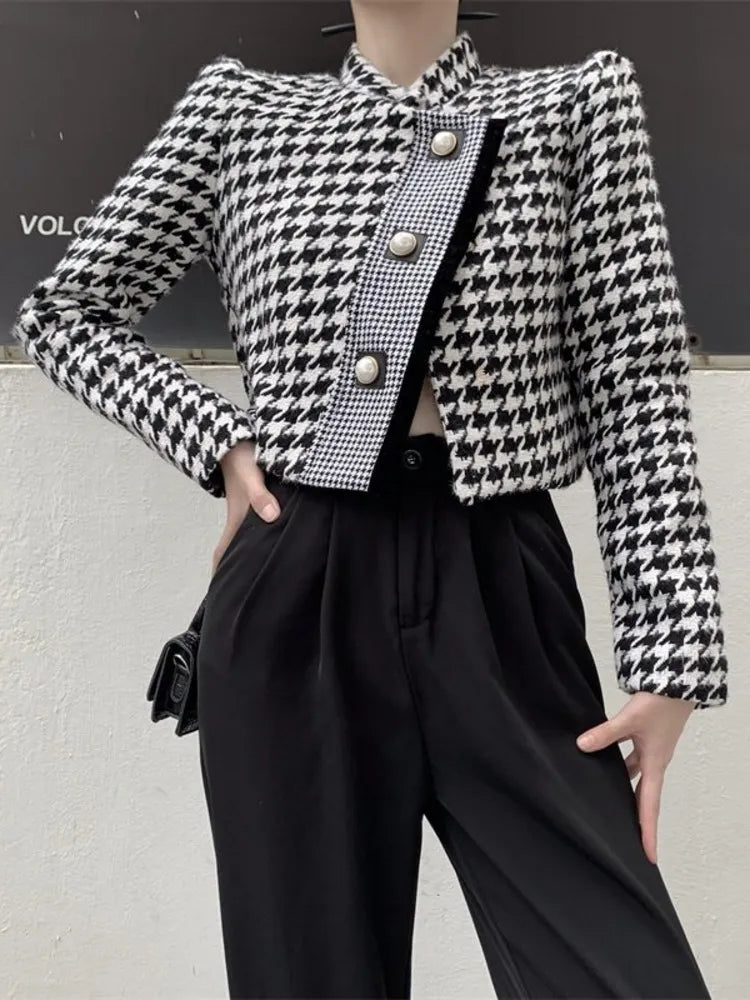 Luxury Brand Houndstooth Vintage Tweed Jacket Coat New Autumn Winter Fashion High Street Small Fragrance Woolen Short Outerwear