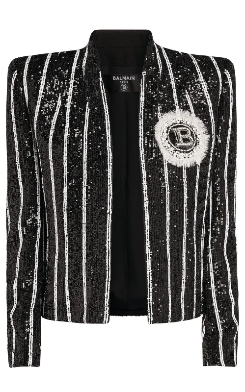 Sequinned Black White Striped Spencer Jacket Print Jacket Jacquard Jacket Embroidered Jacket Sequinned Black White Striped Spencer Jacket Print Jacket Jacquard Jacket Embroidered Jacket