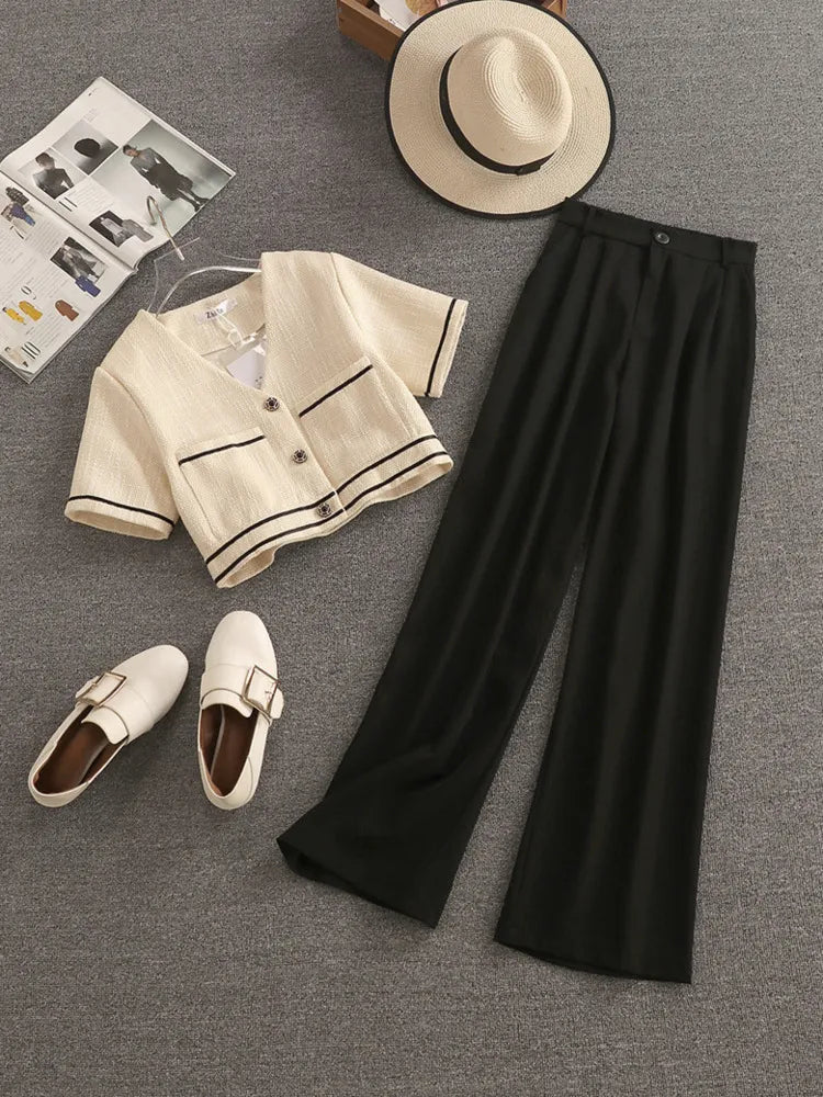 Streetwear Fashion Summer Two Piece Set Women Crop Top Shirt Blouse + Wide Leg Pant Suits Vintage Jacket Coat Pants 2 Piece Set