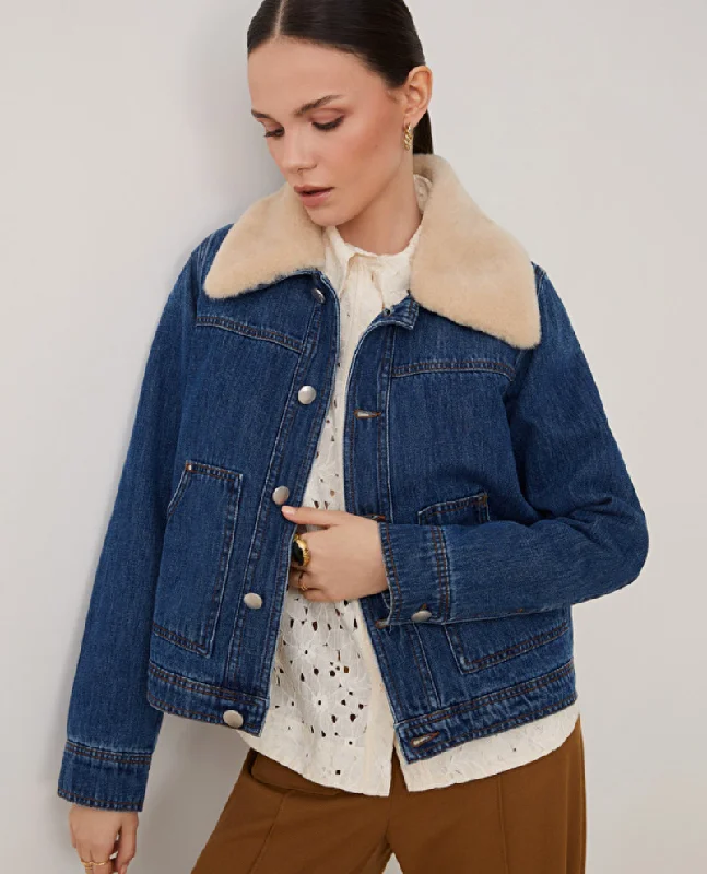 Suncoo Eleonor Blue Denim Jacket With Furry Collar Fitted Jacket Loose Jacket Oversized Jacket Suncoo Eleonor Blue Denim Jacket With Furry Collar Fitted Jacket Loose Jacket Oversized Jacket