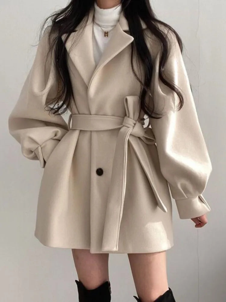 Winter Jacket Women Wool Coat MIDI Style Trench Coat for Women Turn-down Collar Lace-up Tweed Jacket Korean Fashion Office Lady