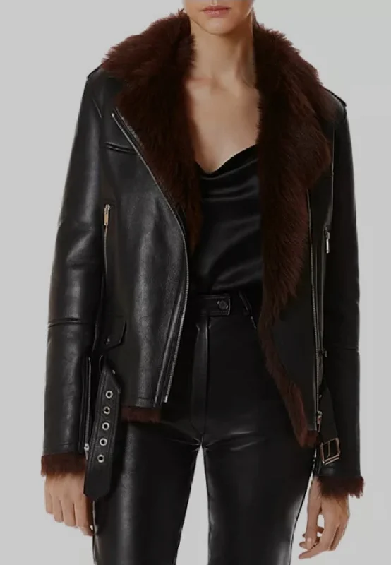 Women’s Brown Shearling Black Leather Jacket