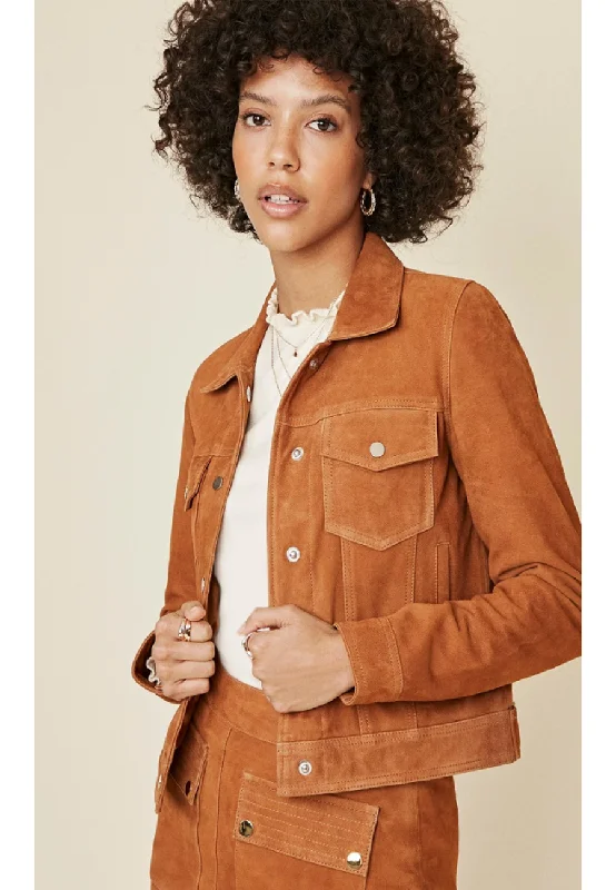 Women’s Tan Brown Suede Leather Trucker Jacket