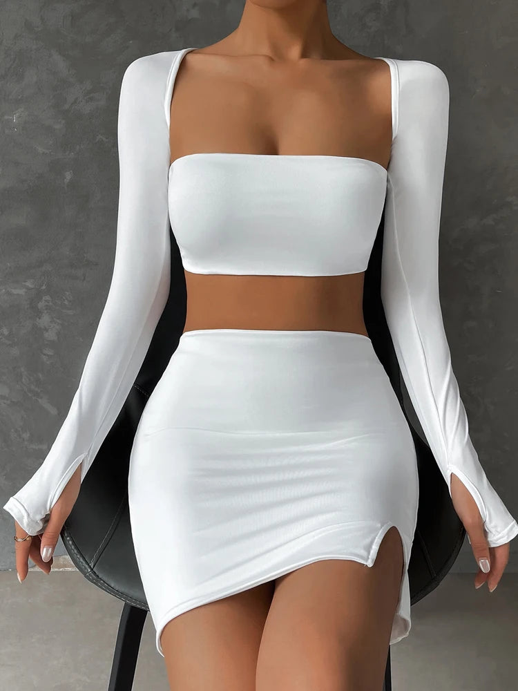 Sexy White Mini Dress Set 2024 Long Sleeve Top Summer Skirts Suits Bodycon Dress